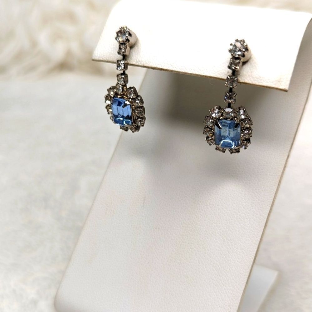 Vintage 80's Blue and Clear Rhinestone Pierced Earrings